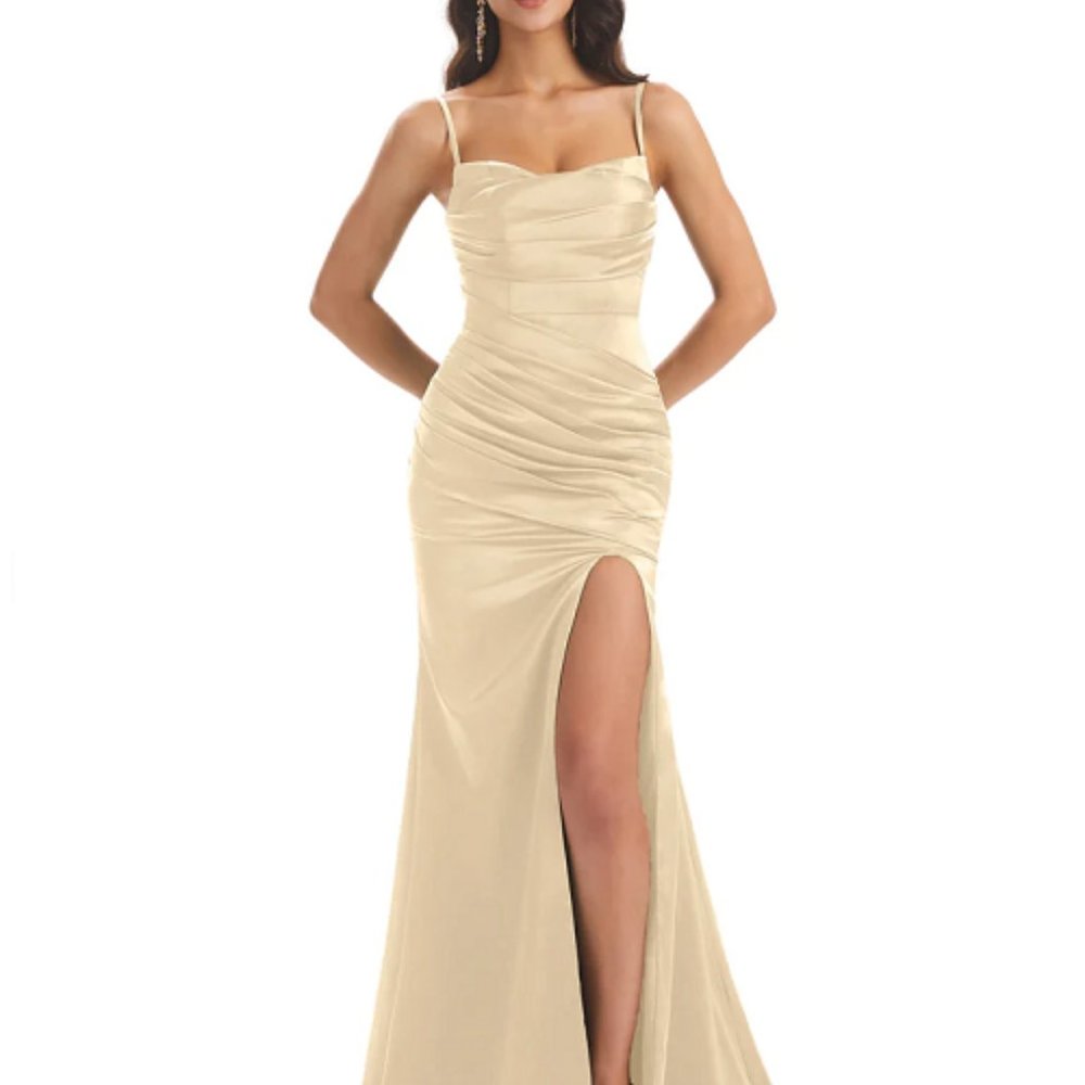Mermaid Soft Satin Spaghetti Straps Side Slit Bridesmaid Champagne